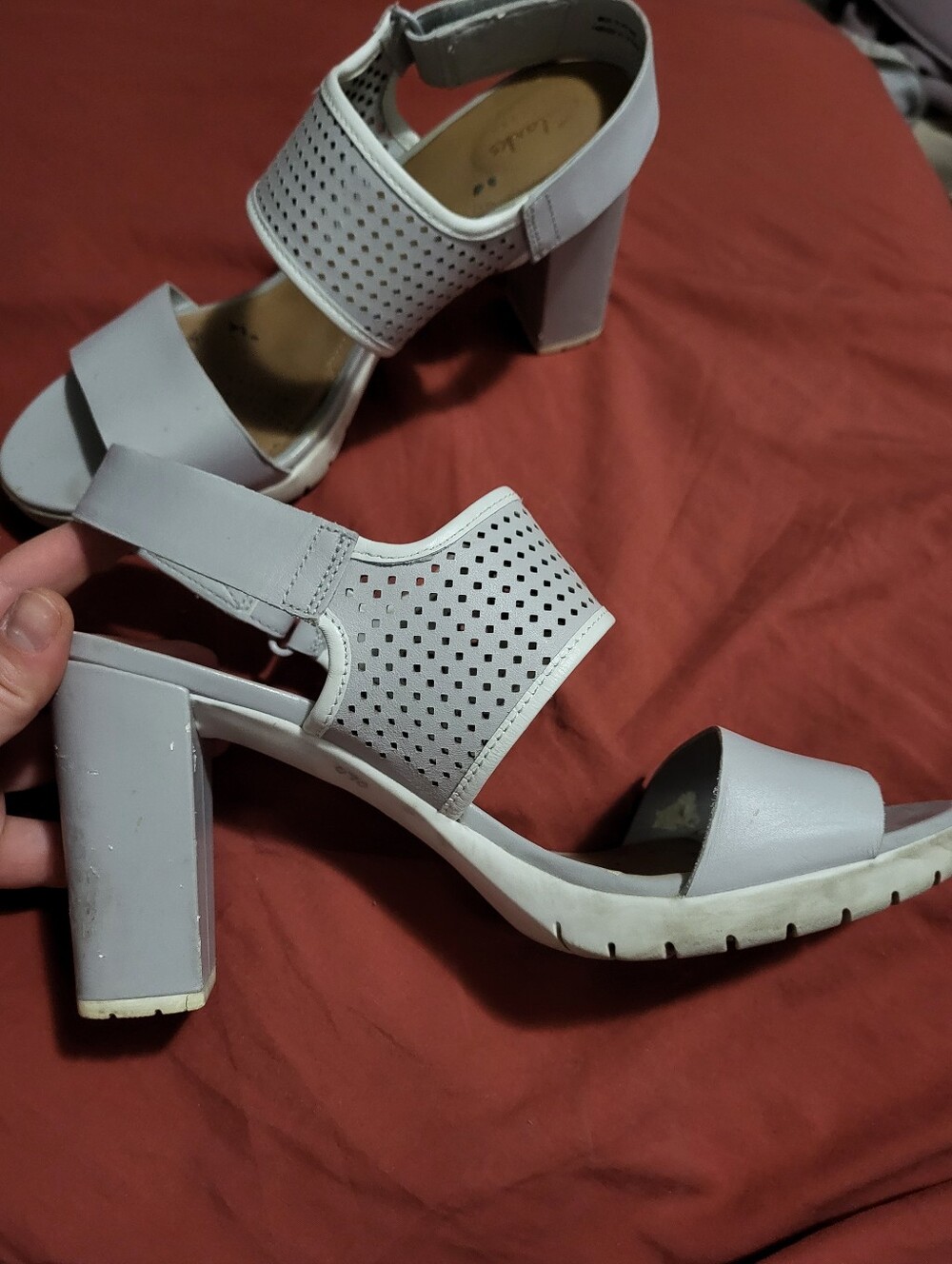 2/$15! Clarks White And Grey Perforated Block Heel Sandals